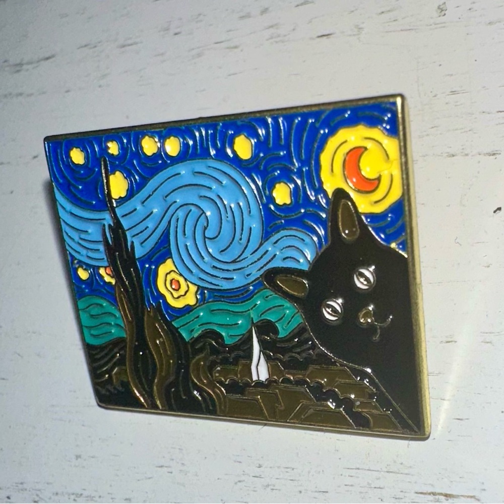 🌟 6️⃣ LEFT: 🐈‍⬛ STARRY NIGHT BLACK CAT ENAMEL PIN W/GOLD CLASP BACKING🌟